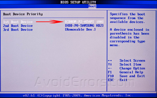 Change First Boot Device in BIOS to Boot From CDDVD