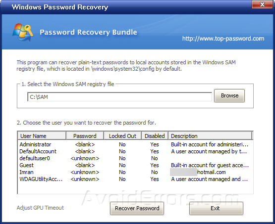 Default user password. User password. Windows Sam password Recovery. Local password. User password Authority.