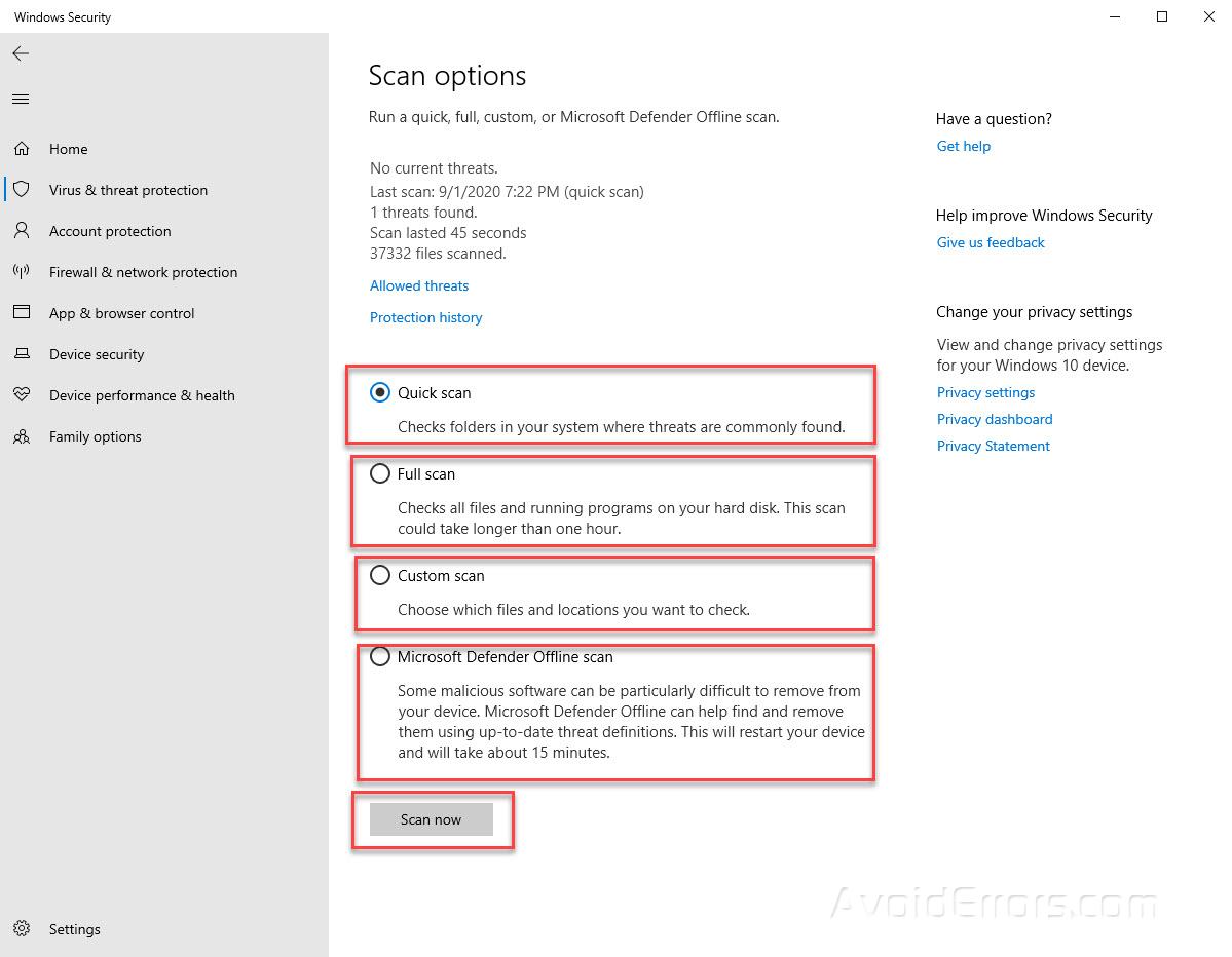 Configure Scan Options In Windows Security - Windows 10 - AvoidErrors